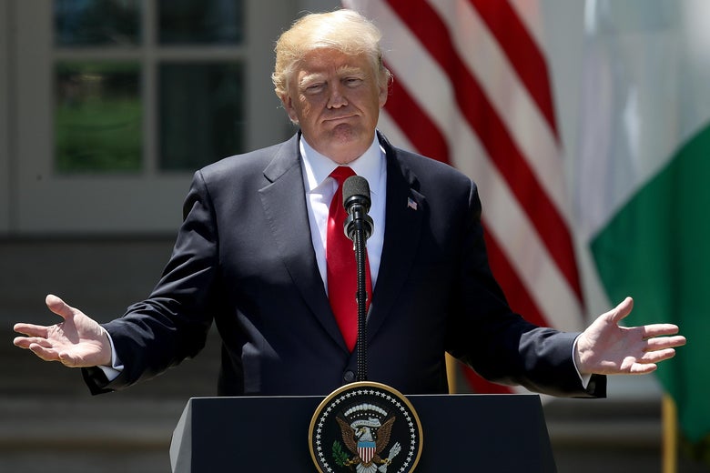 WASHINGTON, DC - APRIL 30: U.S. President Donald Trump answers questions during a joint press conference with Nigerian President Muhammadu Buhari in the Rose Garden of the White House April 30, 2018 in Washington, DC. The two leaders also met in the Oval Office to discuss a range of bilateral issues earlier in the day. (Photo by Win McNamee/Getty Images)